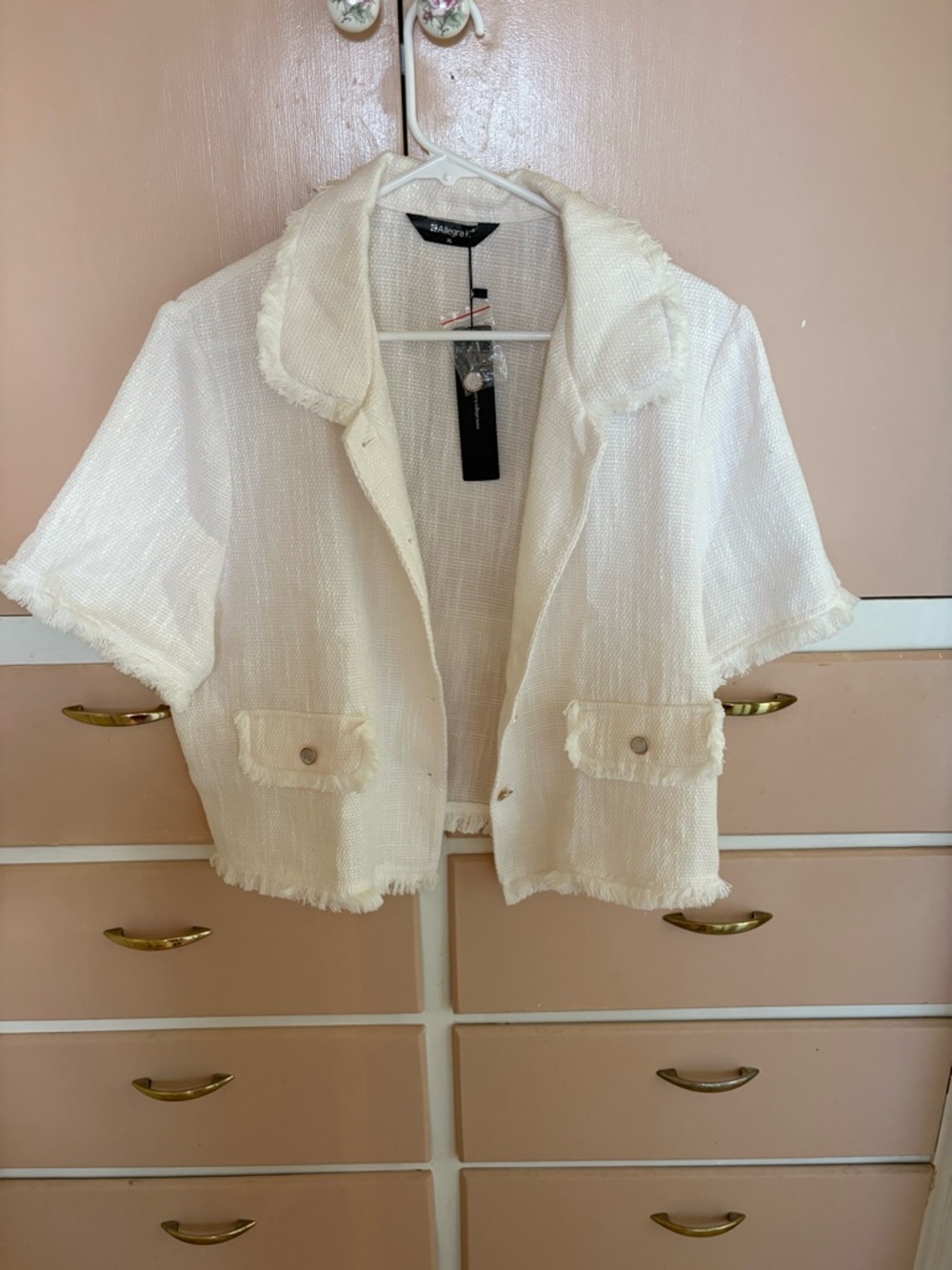 Allegra K White Fringe Short-Sleeve Tweed Jacket